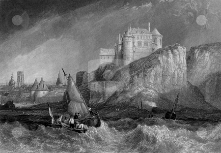 To use this stock image in your creative project, please select the size you need over to the right and click the "Add to Cart" button.
Your downloaded image will come with the Cutcaster watermark removed so don’t worry about the watermark you see on this page. Dieppe coastline stock photo, Fishing boats off coast of Dieppe, France. Engraving by William Miller after Clarkson Stanfield, published in Heath's Picturesque Annual for 1834; Travelling Sketches on the Sea Coasts of France. Public domain image by virtue of age. by Martin Crowdy