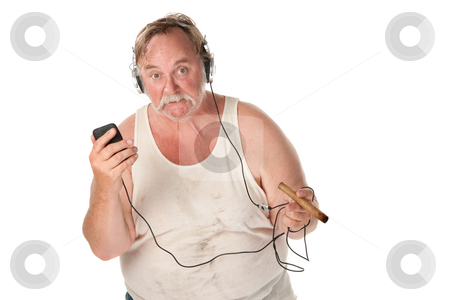 To use this stock image in your creative project, please select the size you need over to the right and click the "Add to Cart" button.
Your downloaded image will come with the Cutcaster watermark removed so don’t worry about the watermark you see on this page. Sloppy Fellow stock photo, Sloppy looking man with cigar and mp3 player by Scott Griessel