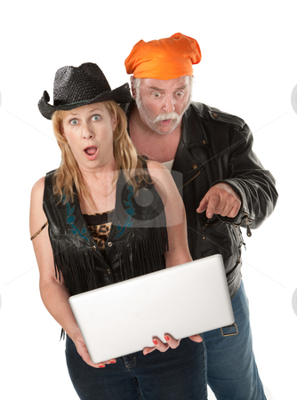 To use this stock image in your creative project, please select the size you need over to the right and click the "Add to Cart" button.
Your downloaded image will come with the Cutcaster watermark removed so don’t worry about the watermark you see on this page. Very Surprised stock photo, Biker couple surprised about something on a laptop by Scott Griessel
