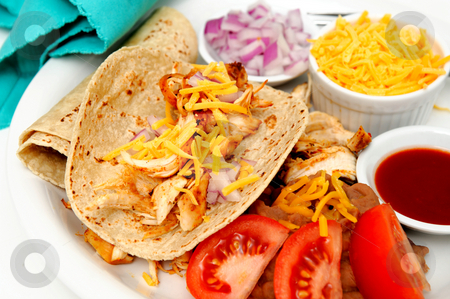 To use this stock image in your creative project, please select the size you need over to the right and click the "Add to Cart" button.
Your downloaded image will come with the Cutcaster watermark removed so don’t worry about the watermark you see on this page. Spicy Chicken Tacos stock photo, Spicy white meat chicken taco with red onion, cheddar cheese, sliced tomatoes and a small bowl of red hot suace by Lynn Bendickson