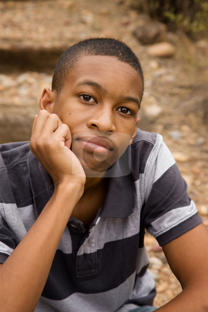 To use this stock image in your creative project, please select the size you need over to the right and click the "Add to Cart" button.
Your downloaded image will come with the Cutcaster watermark removed so don’t worry about the watermark you see on this page. Thougthful male teen stock photo, Handsome African-American Male sitting in an outdoor setting by Scott Griessel