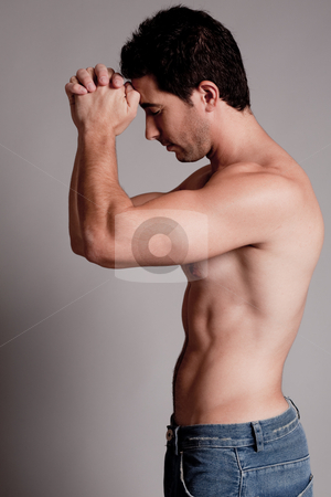 To use this stock image in your creative project, please select the size you need over to the right and click the "Add to Cart" button.
Your downloaded image will come with the Cutcaster watermark removed so don’t worry about the watermark you see on this page. Shirtless man hold his hands on the head stock photo, Shirtless man hold his hands on the head on a grey isolated background by Get4net