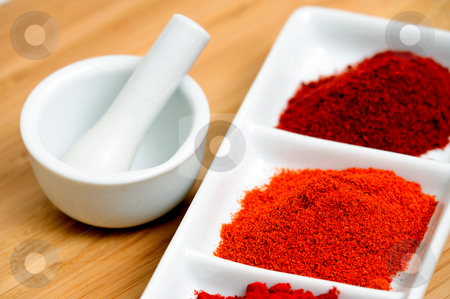 To use this stock image in your creative project, please select the size you need over to the right and click the "Add to Cart" button.
Your downloaded image will come with the Cutcaster watermark removed so don’t worry about the watermark you see on this page. Chili Powder With Mortar Pestle stock photo, Cayenne, New Mexico and Arbol chili powder in a white compartmentalized saucer with a small mortar and Pestle by Lynn Bendickson