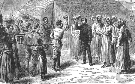 To use this stock image in your creative project, please select the size you need over to the right and click the "Add to Cart" button.
Your downloaded image will come with the Cutcaster watermark removed so don’t worry about the watermark you see on this page. Stanley greets Livingstone stock photo, Illustration of Henry Morton Stanley finding explorer David Livingston in the town of Ujiji on the shores of Lake Tanganyika in 1871. Illustrated for french edition of Hachette in 1876, Paris, France. Public domain image by virtue of age. by Martin Crowdy