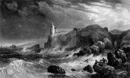 To use this stock image in your creative project, please select the size you need over to the right and click the "Add to Cart" button.
Your downloaded image will come with the Cutcaster watermark removed so don’t worry about the watermark you see on this page. Carrick castle and shipwreck stock photo, Engraving of shipwreck in storm with ruins of Carrick castle, Loch Goil, Argyll, Scotland. Engraved by Wiliam Miller in 1830. Public domain image by virtue of age. by Martin Crowdy