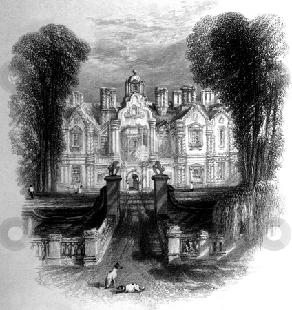 To use this stock image in your creative project, please select the size you need over to the right and click the "Add to Cart" button.
Your downloaded image will come with the Cutcaster watermark removed so don’t worry about the watermark you see on this page. English Manor House stock photo, Exterior of English manor house with long driveway and dogs in foreground and vignette effect. Engraved by William Miller in 1834, public domain image by virtue of age. by Martin Crowdy