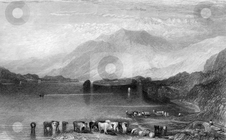 To use this stock image in your creative project, please select the size you need over to the right and click the "Add to Cart" button.
Your downloaded image will come with the Cutcaster watermark removed so don’t worry about the watermark you see on this page. Skiddaw Mountain stock photo, Engraving of Skiddaw mountain with lake and cattle in foreground, Lake District National Park, England, Engraved by William Miller in 1833. Public domain image by virtue of age. by Martin Crowdy