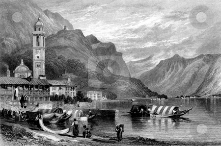 To use this stock image in your creative project, please select the size you need over to the right and click the "Add to Cart" button.
Your downloaded image will come with the Cutcaster watermark removed so don’t worry about the watermark you see on this page. Lake Como stock photo, Scenic view of Lake Como with people, boats and bell tower in foreground, Lombard, Italy. Engraved by William Miller in 1830, public domain image by virtue of age. by Martin Crowdy