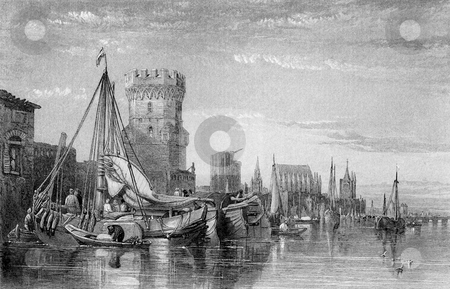 To use this stock image in your creative project, please select the size you need over to the right and click the "Add to Cart" button.
Your downloaded image will come with the Cutcaster watermark removed so don’t worry about the watermark you see on this page. Medieval Cologne stock photo, Engraving of medieval city of Cologne waterfront on river Rhine, Germany. Engraved by William Miller in 1845, public domain image by virtue of age. by Martin Crowdy