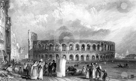 To use this stock image in your creative project, please select the size you need over to the right and click the "Add to Cart" button.
Your downloaded image will come with the Cutcaster watermark removed so don’t worry about the watermark you see on this page. Verona Amphitheatre stock photo, Engraving of Amphitheatre in Verona during renaissance, Italy, Engraved by William Miller in 1836, public domain image by virtue of age. by Martin Crowdy