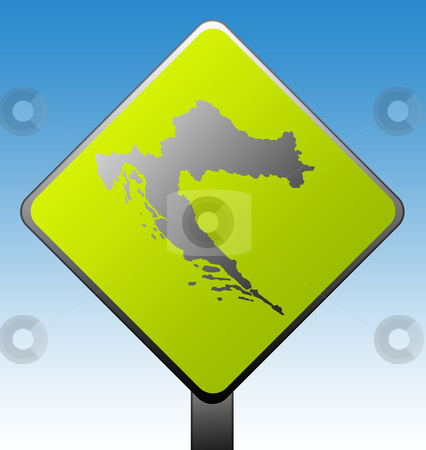To use this stock image in your creative project, please select the size you need over to the right and click the "Add to Cart" button.
Your downloaded image will come with the Cutcaster watermark removed so don’t worry about the watermark you see on this page. Croatia road sign stock photo, Black silhouetted map of Croatia on green diamond shaped road sign with gradient blue sky background. by Martin Crowdy