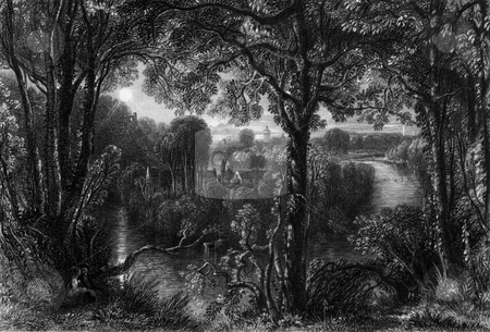 To use this stock image in your creative project, please select the size you need over to the right and click the "Add to Cart" button.
Your downloaded image will come with the Cutcaster watermark removed so don’t worry about the watermark you see on this page. River Doon stock photo, River Doon in South Ayrshire viewed through forest, Scotland. Engraved by William Miller in 1840, public domain image by virtue of age. by Martin Crowdy