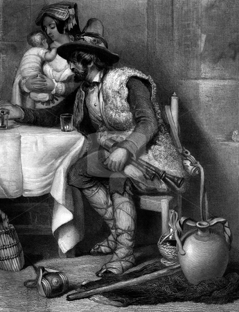 To use this stock image in your creative project, please select the size you need over to the right and click the "Add to Cart" button.
Your downloaded image will come with the Cutcaster watermark removed so don’t worry about the watermark you see on this page. Italian goatherder drinking wine stock photo, Engraving of middle aged Italian goatherder sat sat table with wine, wife and baby in background. Period clothing from Renaissance era. Engraved by William Miller in 1843. public domain image by virtue of age. by Martin Crowdy