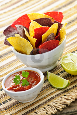 To use this stock image in your creative project, please select the size you need over to the right and click the "Add to Cart" button.
Your downloaded image will come with the Cutcaster watermark removed so don’t worry about the watermark you see on this page. Tortilla chips and salsa stock photo, Bowl of salsa with colorful tortilla chips and lime by Elena Elisseeva