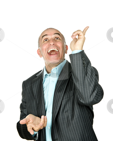 To use this stock image in your creative project, please select the size you need over to the right and click the "Add to Cart" button.
Your downloaded image will come with the Cutcaster watermark removed so don’t worry about the watermark you see on this page. Laughing man pointing up stock photo, Portrait of laughing businessman pointing up isolated on white background by Elena Elisseeva