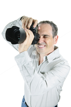 To use this stock image in your creative project, please select the size you need over to the right and click the "Add to Cart" button.
Your downloaded image will come with the Cutcaster watermark removed so don’t worry about the watermark you see on this page. Photographer with camera stock photo, Portrait of male photographer with camera isolated on white background by Elena Elisseeva