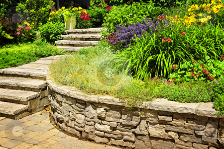 To use this stock image in your creative project, please select the size you need over to the right and click the "Add to Cart" button.
Your downloaded image will come with the Cutcaster watermark removed so don’t worry about the watermark you see on this page. Natural stone landscaping stock photo, Natural stone landscaping in home garden with stairs and retaining walls by Elena Elisseeva