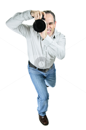 To use this stock image in your creative project, please select the size you need over to the right and click the "Add to Cart" button.
Your downloaded image will come with the Cutcaster watermark removed so don’t worry about the watermark you see on this page. Photographer with camera stock photo, Portrait of male photographer with camera isolated on white background by Elena Elisseeva