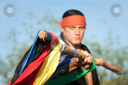 To use this stock image in your creative project, please select the size you need over to the right and click the "Add to Cart" button.
Your downloaded image will come with the Cutcaster watermark removed so don’t worry about the watermark you see on this page. Native American man with colorful flags stock photo, Native American man with colorful flags representing seven directions by Scott Griessel