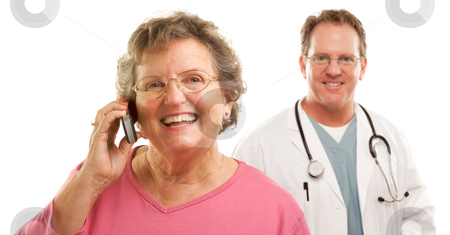 To use this stock image in your creative project, please select the size you need over to the right and click the "Add to Cart" button.
Your downloaded image will come with the Cutcaster watermark removed so don’t worry about the watermark you see on this page. Happy Senior Woman Using Cell Phone with Male Doctor Behind stock photo, Happy Senior Woman Using Cell Phone with Male Doctor or Nurse Behind Isolated on a White Background. by Andy Dean