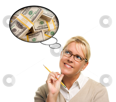 To use this stock image in your creative project, please select the size you need over to the right and click the "Add to Cart" button.
Your downloaded image will come with the Cutcaster watermark removed so don’t worry about the watermark you see on this page. Woman with Thought Bubbles Lots of Money stock photo, Woman with Thought Bubbles of a Stack of Money Isolated on a White Background. by Andy Dean
