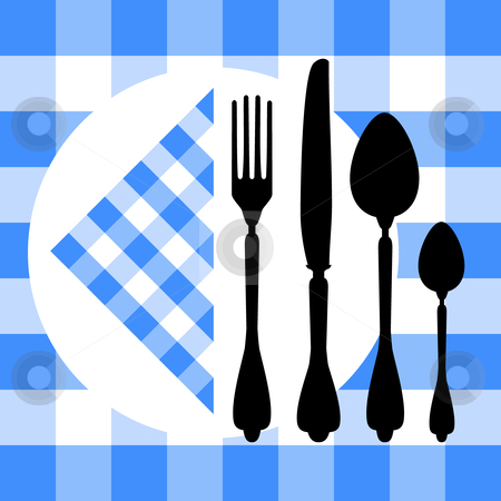 To use this stock image in your creative project, please select the size you need over to the right and click the "Add to Cart" button.
Your downloaded image will come with the Cutcaster watermark removed so don’t worry about the watermark you see on this page. Design with cutlery silhouettes stock vector clipart, Design with cutlery silhouettes on blue tablecloth, design for food concept by Ela Kwasniewski
