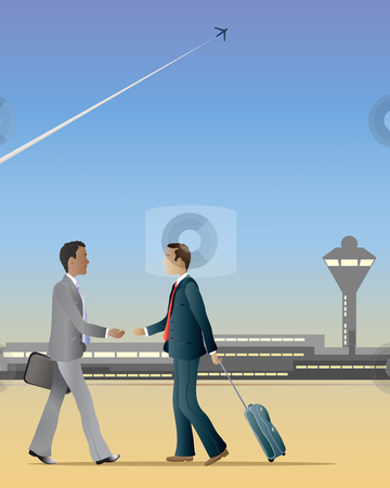 To use this stock image in your creative project, please select the size you need over to the right and click the "Add to Cart" button.
Your downloaded image will come with the Cutcaster watermark removed so don’t worry about the watermark you see on this page. Business handshake stock vector clipart, An illustration of two business men at an airport walking towards each other about to shake hands by Mike Smith