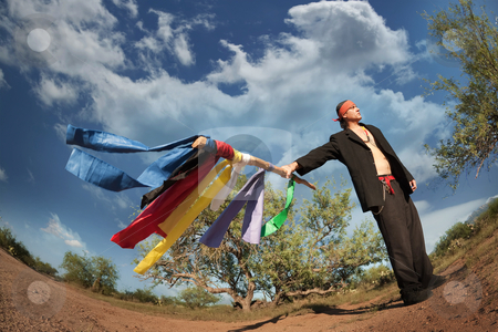To use this stock image in your creative project, please select the size you need over to the right and click the "Add to Cart" button.
Your downloaded image will come with the Cutcaster watermark removed so don’t worry about the watermark you see on this page. Native American man with colorful flags stock photo, Native American man with colorful flags representing seven directions by Scott Griessel