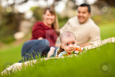 To use this stock image in your creative project, please select the size you need over to the right and click the "Add to Cart" button.
Your downloaded image will come with the Cutcaster watermark removed so don’t worry about the watermark you see on this page. Happy Baby Boy and Mixed Race Parents Playing in the Park stock photo, Happy Crawling Baby Boy and Mixed Race Parents Playing in the Park. by Andy Dean