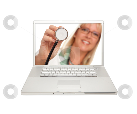 To use this stock image in your creative project, please select the size you need over to the right and click the "Add to Cart" button.
Your downloaded image will come with the Cutcaster watermark removed so don’t worry about the watermark you see on this page. Female Doctor with Stethoscope on Laptop Screen stock photo, Female Doctor or Nurse with Stethoscope on Laptop Screen - Focus is on the Screen and Stethoscope. by Andy Dean