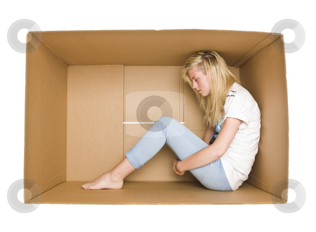 To use this stock image in your creative project, please select the size you need over to the right and click the "Add to Cart" button.
Your downloaded image will come with the Cutcaster watermark removed so don’t worry about the watermark you see on this page. Woman in a cardboard box stock photo, Woman siting in a cardboard box isolated on white background by Anne-Louise Quarfoth