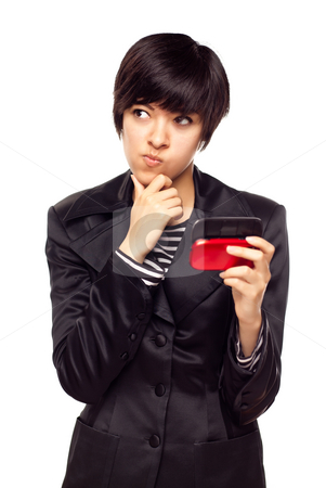 To use this stock image in your creative project, please select the size you need over to the right and click the "Add to Cart" button.
Your downloaded image will come with the Cutcaster watermark removed so don’t worry about the watermark you see on this page. Pensive Young Mixed Race Woman with Cell Phone on White stock photo, Pensive Young Mixed Race Woman Holding Her Mobile Phone Isolated on White. by Andy Dean
