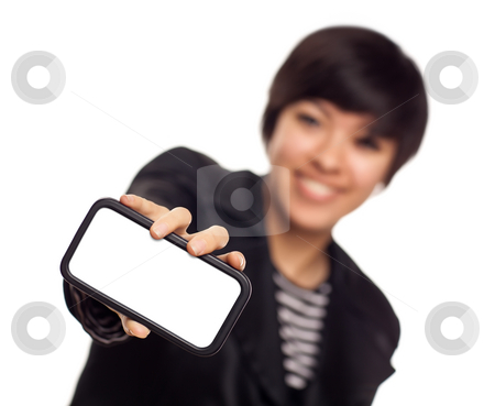To use this stock image in your creative project, please select the size you need over to the right and click the "Add to Cart" button.
Your downloaded image will come with the Cutcaster watermark removed so don’t worry about the watermark you see on this page. Smiling Young Mixed Race Woman Holding Blank Smart Phone stock photo, Smiling Young Mixed Race Woman Holding Blank Smart Phone Out - Focus is On the Phone Ready for Your Own Message. by Andy Dean