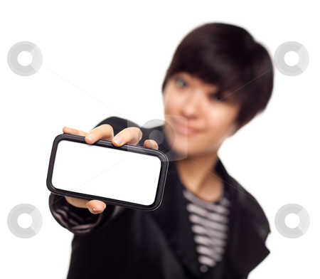 To use this stock image in your creative project, please select the size you need over to the right and click the "Add to Cart" button.
Your downloaded image will come with the Cutcaster watermark removed so don’t worry about the watermark you see on this page. Smiling Young Mixed Race Woman Holding Blank Smart Phone stock photo, Smiling Young Mixed Race Woman Holding Blank Smart Phone Out - Focus is On the Phone Ready for Your Own Message. by Andy Dean