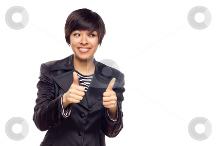 To use this stock image in your creative project, please select the size you need over to the right and click the "Add to Cart" button.
Your downloaded image will come with the Cutcaster watermark removed so don’t worry about the watermark you see on this page. Happy Young Mixed Race Woman With Thumbs Up on White stock photo, Happy Young Mixed Race Woman With Two Thumbs Up Isolated on a White Background. by Andy Dean