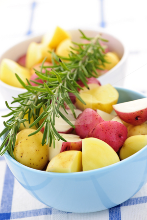 To use this stock image in your creative project, please select the size you need over to the right and click the "Add to Cart" button.
Your downloaded image will come with the Cutcaster watermark removed so don’t worry about the watermark you see on this page. Raw cut small potatoes stock photo, Bowl of cut raw small potatoes with skins and herbs ready for roasting by Elena Elisseeva