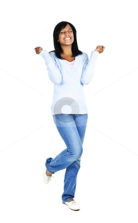 To use this stock image in your creative project, please select the size you need over to the right and click the "Add to Cart" button.
Your downloaded image will come with the Cutcaster watermark removed so don’t worry about the watermark you see on this page. Excited young woman stock photo, Excited black woman with eyes closed isolated on white background by Elena Elisseeva