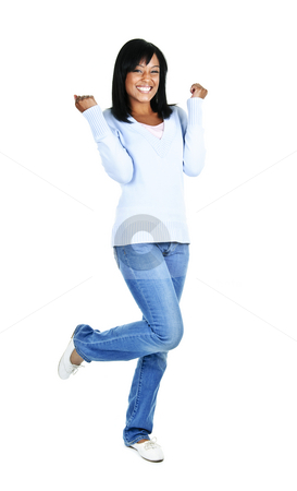 To use this stock image in your creative project, please select the size you need over to the right and click the "Add to Cart" button.
Your downloaded image will come with the Cutcaster watermark removed so don’t worry about the watermark you see on this page. Happy young woman stock photo, Happy black woman celebrating isolated on white background by Elena Elisseeva