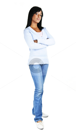 To use this stock image in your creative project, please select the size you need over to the right and click the "Add to Cart" button.
Your downloaded image will come with the Cutcaster watermark removed so don’t worry about the watermark you see on this page. Confident young woman stock photo, Serious black woman with arms crossed standing isolated on white background by Elena Elisseeva