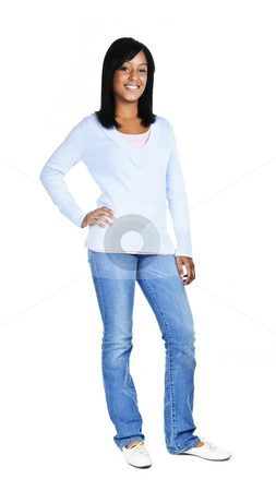 To use this stock image in your creative project, please select the size you need over to the right and click the "Add to Cart" button.
Your downloaded image will come with the Cutcaster watermark removed so don’t worry about the watermark you see on this page. Confident young woman stock photo, Confident black woman standing isolated on white background by Elena Elisseeva