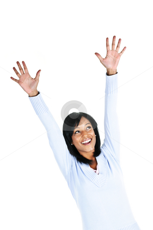 To use this stock image in your creative project, please select the size you need over to the right and click the "Add to Cart" button.
Your downloaded image will come with the Cutcaster watermark removed so don’t worry about the watermark you see on this page. Happy young woman stock photo, Happy black woman celebrating isolated on white background by Elena Elisseeva