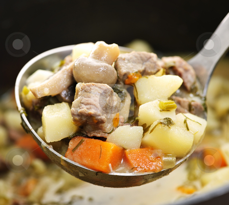 To use this stock image in your creative project, please select the size you need over to the right and click the "Add to Cart" button.
Your downloaded image will come with the Cutcaster watermark removed so don’t worry about the watermark you see on this page. Beef stew in serving spoon stock photo, Hearty beef and potatoes stew with vegetables served with ladle by Elena Elisseeva
