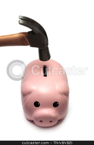 To use this stock image in your creative project, please select the size you need over to the right and click the "Add to Cart" button.
Your downloaded image will come with the Cutcaster watermark removed so don’t worry about the watermark you see on this page. Piggy Bank and Hammer stock photo, A cute piggy bank isolated on a white background, about to be broken by a hammer. by Daniel Wiedemann