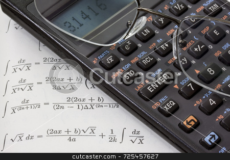 To use this stock image in your creative project, please select the size you need over to the right and click the "Add to Cart" button.
Your downloaded image will come with the Cutcaster watermark removed so don’t worry about the watermark you see on this page. Scientific calculator, reading glasses, math book background stock photo, Scientific calculator with pi number on a display and reading glasses against math text book with integral tables. These are real devices, not props, showing some wear and dust. by Marek Uliasz