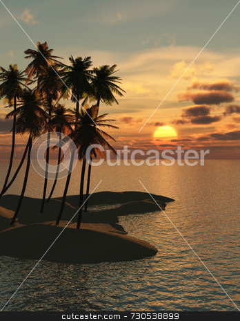To use this stock image in your creative project, please select the size you need over to the right and click the "Add to Cart" button.
Your downloaded image will come with the Cutcaster watermark removed so don’t worry about the watermark you see on this page. Palm Trees Sunset stock photo, Palm trees in a group on a small imaginary tropical island with a beautiful sunset. Golden sun with varied clouds and sparkling water. by ngirl