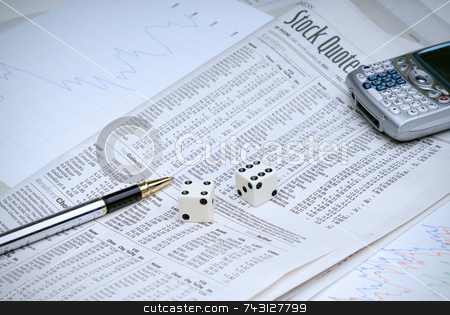 To use this stock image in your creative project, please select the size you need over to the right and click the "Add to Cart" button.
Your downloaded image will come with the Cutcaster watermark removed so don’t worry about the watermark you see on this page. Gambling on stocks stock photo, Rolling the dice on the stock market, with analysis sheets and a cell phone to make the buy/sell call by Vince Clements