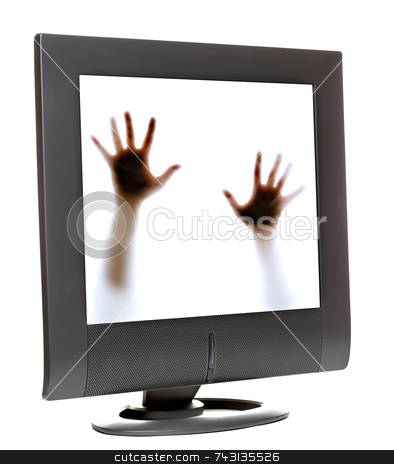 To use this stock image in your creative project, please select the size you need over to the right and click the "Add to Cart" button.
Your downloaded image will come with the Cutcaster watermark removed so don’t worry about the watermark you see on this page. Trapped inside a computer monitor stock photo, Person trying to escape from inside a computer monitor by Vince Clements