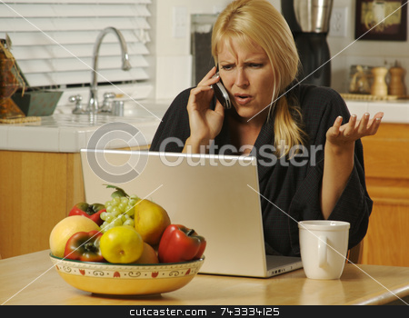 To use this stock image in your creative project, please select the size you need over to the right and click the "Add to Cart" button.
Your downloaded image will come with the Cutcaster watermark removed so don’t worry about the watermark you see on this page. Woman on Cell Phone stock photo, Woman in her kitchen on cell phone sitting in front of laptop. Computer problems? by Andy Dean