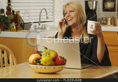 To use this stock image in your creative project, please select the size you need over to the right and click the "Add to Cart" button.
Your downloaded image will come with the Cutcaster watermark removed so don’t worry about the watermark you see on this page. Woman in Kitchen on Cell Phone stock photo, Woman smiling, in her kitchen on cell phone sitting in front of laptop. by Andy Dean