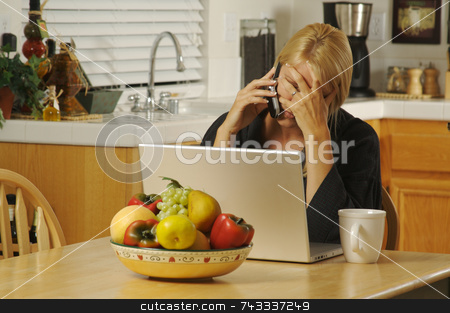 To use this stock image in your creative project, please select the size you need over to the right and click the "Add to Cart" button.
Your downloaded image will come with the Cutcaster watermark removed so don’t worry about the watermark you see on this page. Woman on Cell Phone stock photo, Woman in her kitchen on cell phone sitting in front of laptop. Computer problems? by Andy Dean